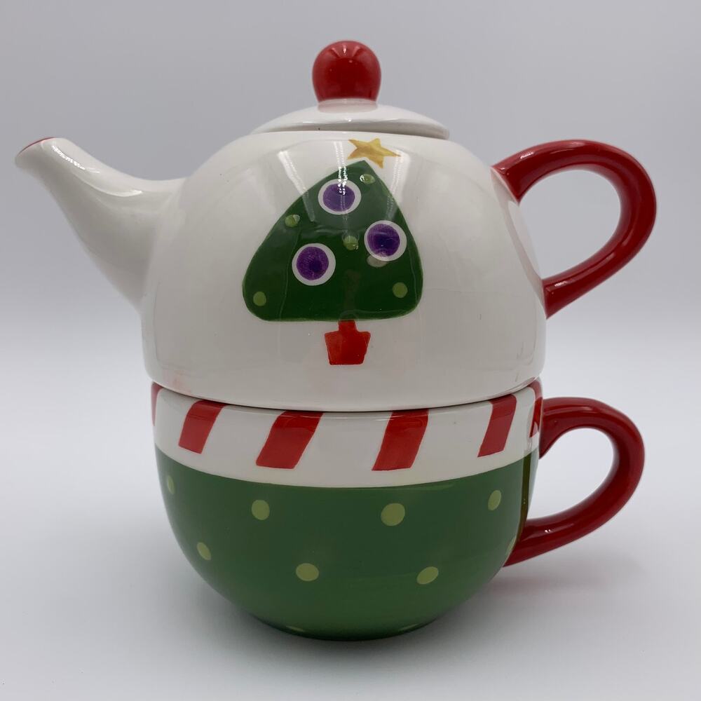 Pier‎ 1 Imports Tea Set for One Mug & Teapot Christmas Hand Painted READ